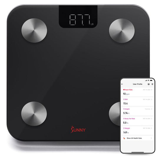 SMART Advanced Composition BMI Scale (Max 400 LBS) - High Accuracy Body Fat Scale with 4 High Precision Sensors, Track Fitness Journey with 20 Health Metrics, Body Weight Heart Rate Fat Muscle Mass BMR Healthcare, Free to Use Sunnyfit App, Auto on Off