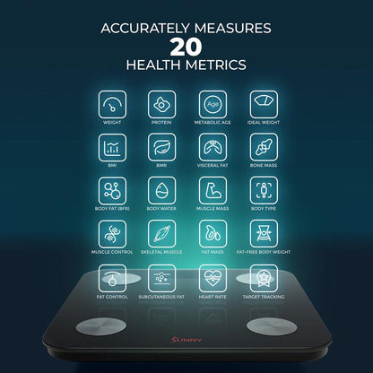 SMART Advanced Composition BMI Scale (Max 400 LBS) - High Accuracy Body Fat Scale with 4 High Precision Sensors, Track Fitness Journey with 20 Health Metrics, Body Weight Heart Rate Fat Muscle Mass BMR Healthcare, Free to Use Sunnyfit App, Auto on Off